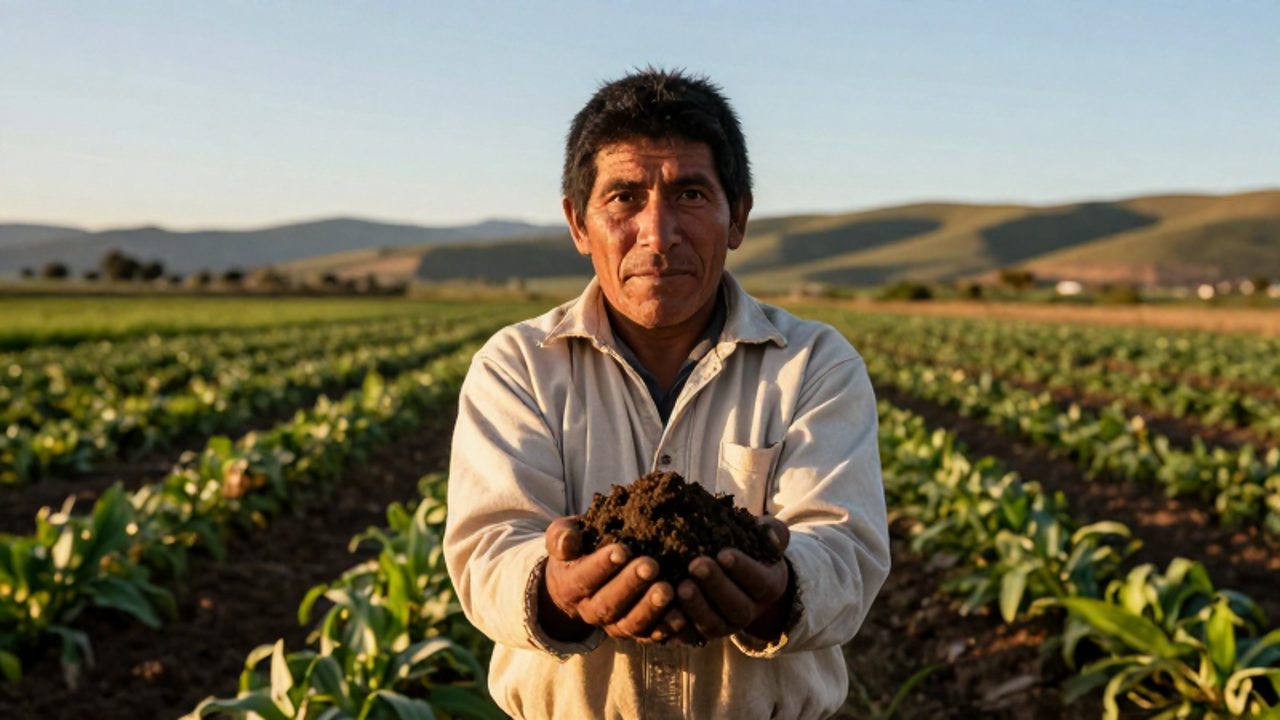 Un campesino peruano sostiene un puñado de tierra fértil en medio de un campo de cultivo con los Andes de fondo.