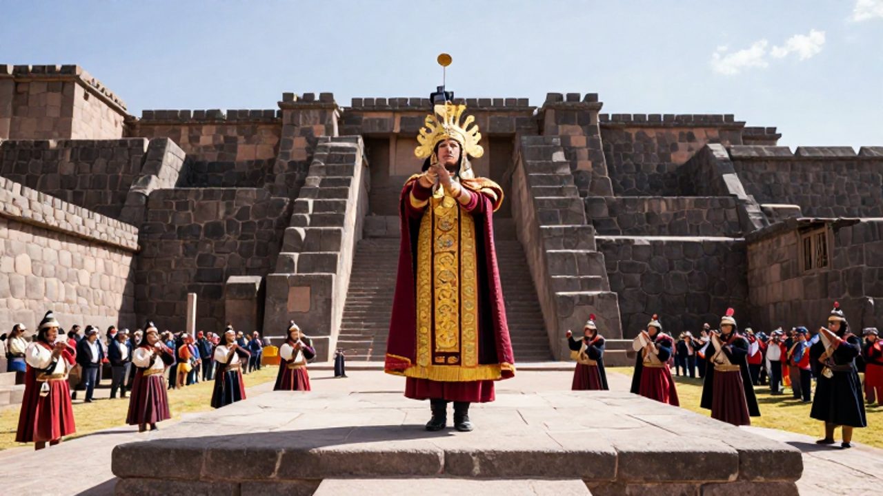 Un actor caracterizado como el emperador inca realiza una ofrenda ritual sobre una plataforma de piedra en la fortaleza de Sacsayhuamán, rodeado de danzantes y músicos tradicionales.