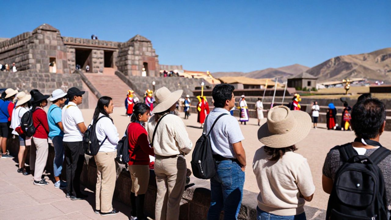 Turistas con sombreros y ropa ligera observan desde una terraza de piedra la ceremonia del Inti Raymi en la fortaleza de Sacsayhuamán.