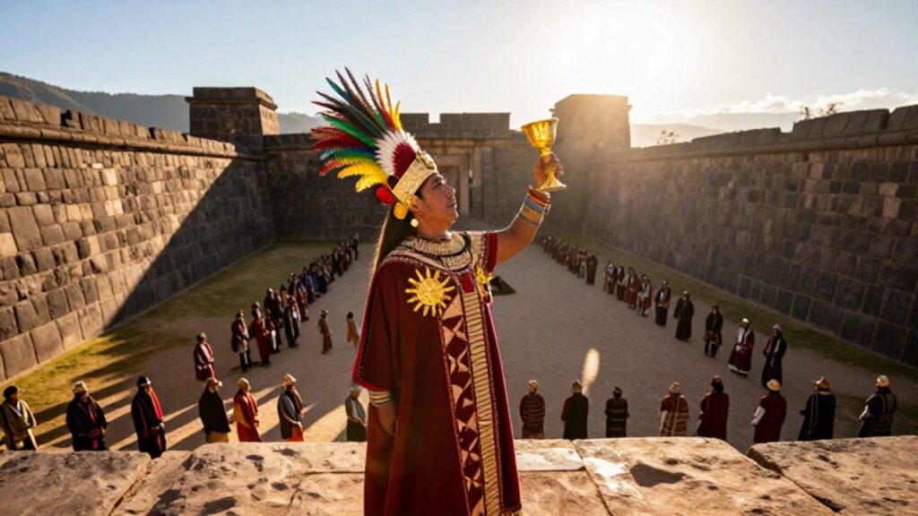 El Sapa Inca levanta una copa de oro hacia el sol durante la ceremonia del Inti Raymi en la fortaleza de Sacsayhuamán.