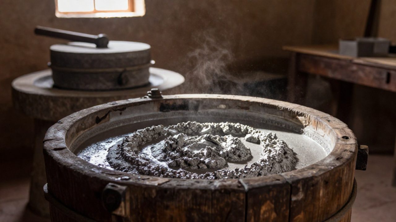 Un recipiente de madera contiene una mezcla de polvo mineral y mercurio para el proceso de amalgamación de plata en un taller andino colonial.