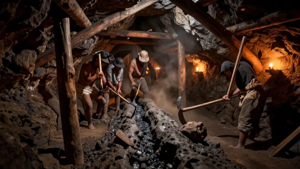 Mineros indígenas trabajando con picos en un estrecho túnel de una mina de plata colonial, iluminado por velas entre vigas de madera y paredes de roca.
