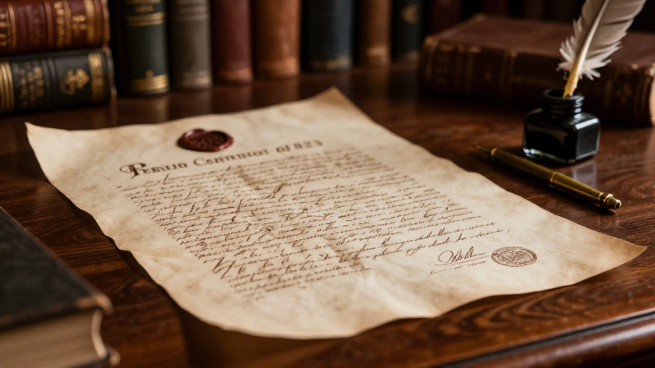 Documento de pergamino antiguo con caligrafía y sellos oficiales sobre un escritorio de madera junto a una pluma y un tintero.