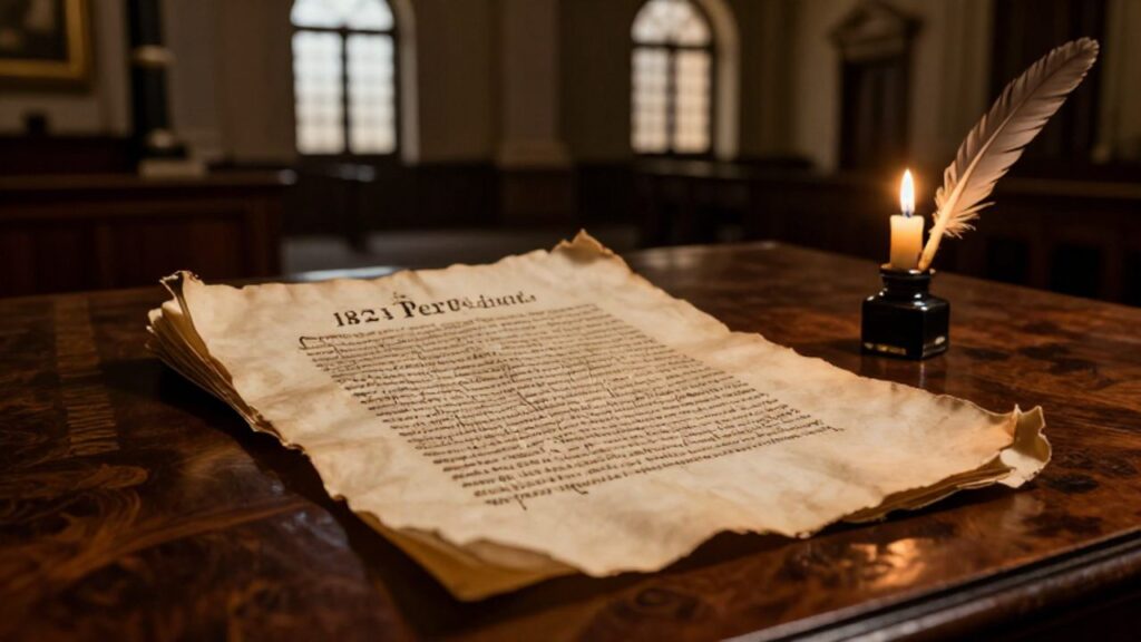 Manuscrito antiguo de la Constitución de 1823 sobre una mesa de madera junto a un tintero, una pluma y una vela en una cámara legislativa de estilo decimonónico.