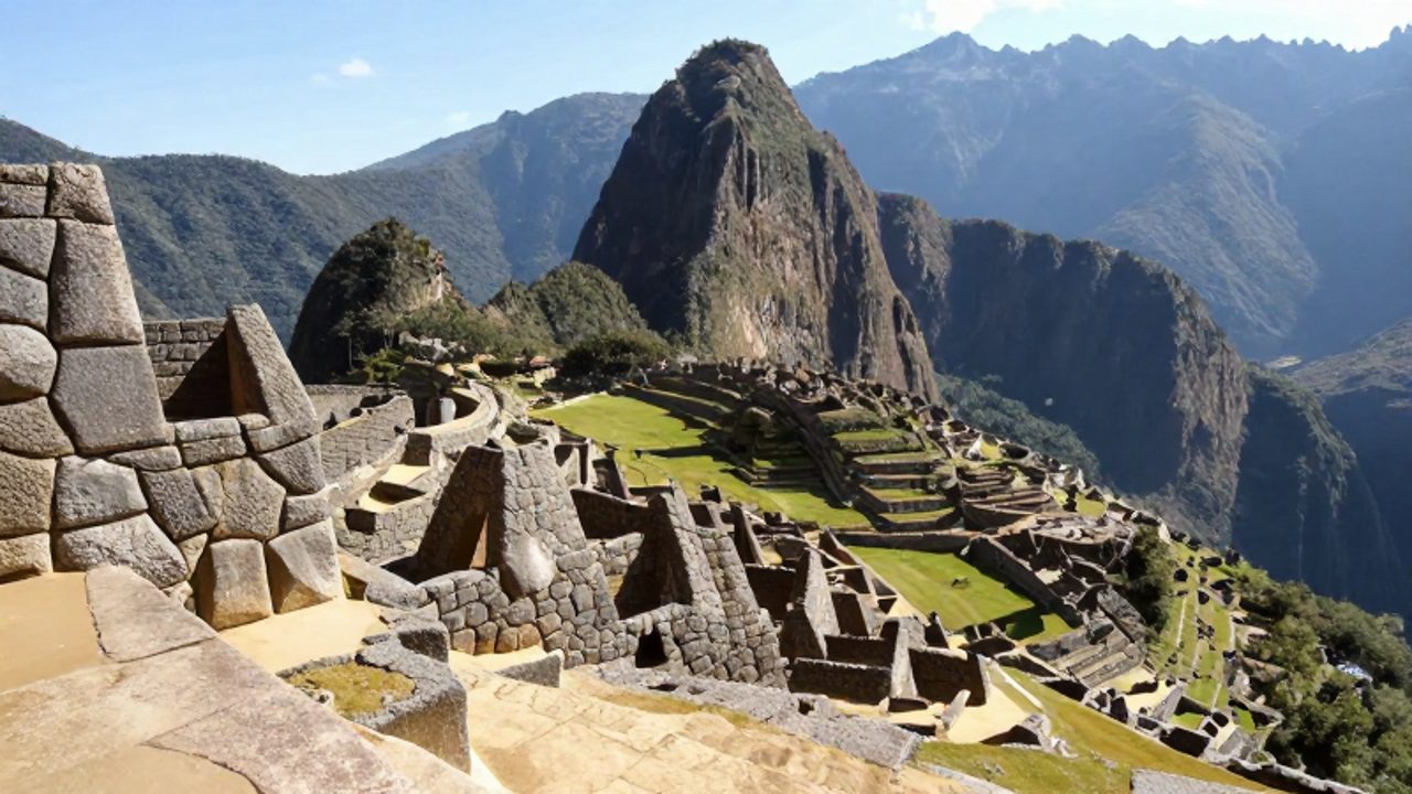 Muros de piedra inca con encajes perfectos frente a extensas terrazas de cultivo en una ladera andina.