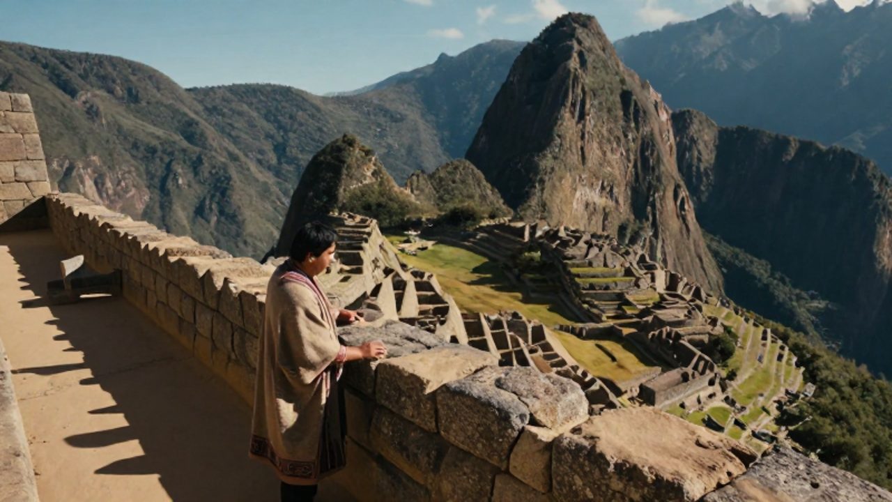 Un arquitecto inca observa desde una terraza la construcción de muros de piedra y canales de cultivo en un valle andino.