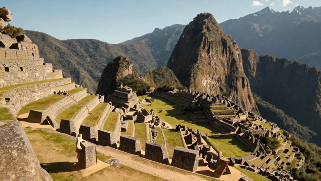 Canteros incas tallan bloques de granito para construir terrazas agrícolas en una montaña andina con el valle de Cusco al fondo.