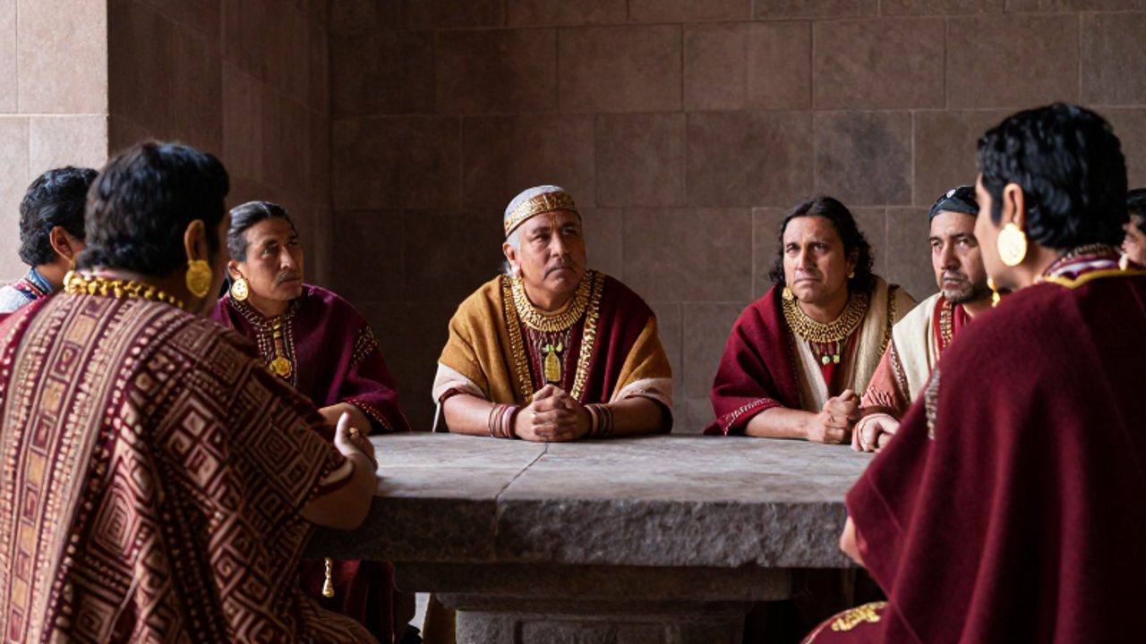 Nobles incas con vestimentas de alpaca y ornamentos de oro reunidos en una mesa de piedra para una discusión estratégica en un palacio de Cusco.
