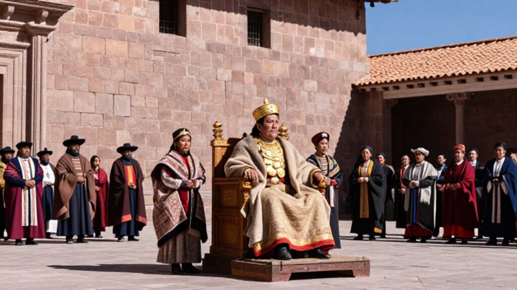 El Sapa Inca sentado en su trono rodeado por la Coya, nobles y asistentes con vestimentas tradicionales en el patio de un palacio de piedra en Cusco.