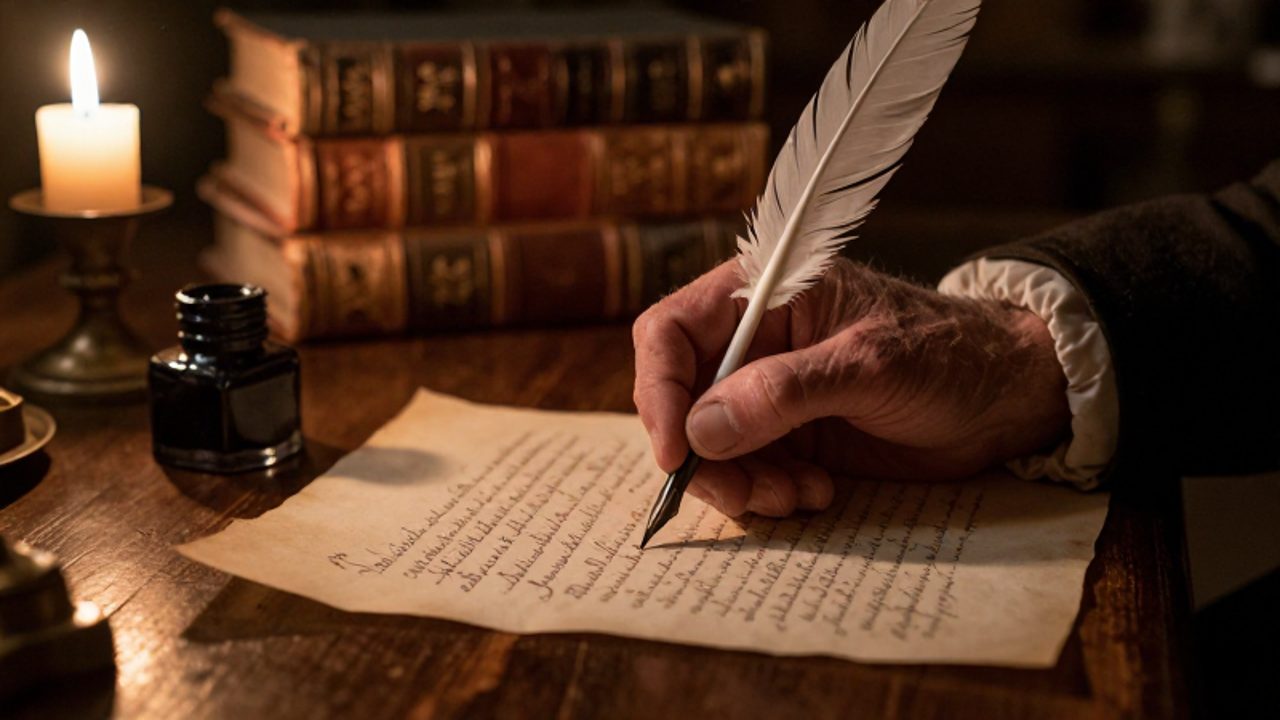 Una mano con pluma escribe sobre un pergamino amarillento en un escritorio de madera iluminado por una vela.