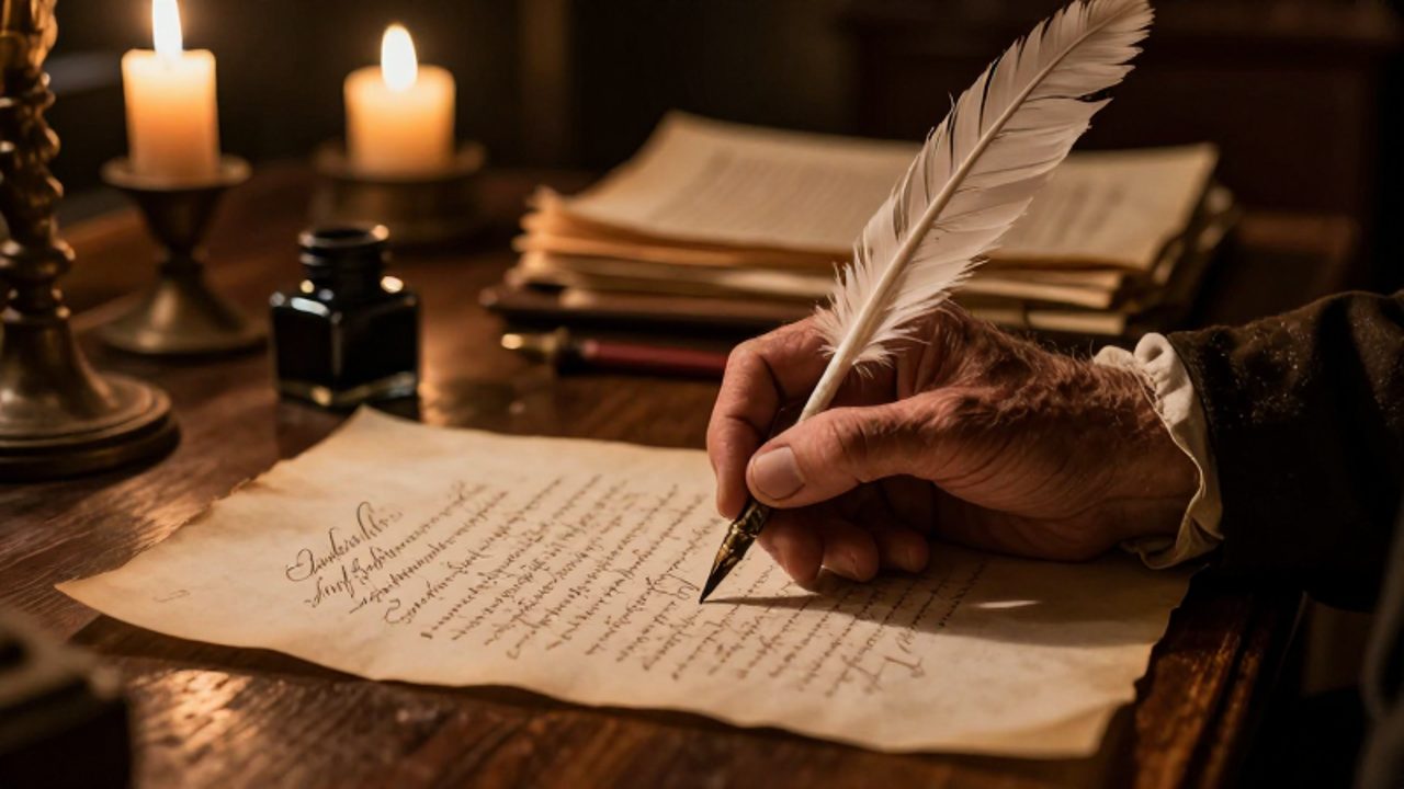 Una mano antigua escribe con pluma sobre un pergamino en un escritorio de estudio del siglo XVIII iluminado por una vela.