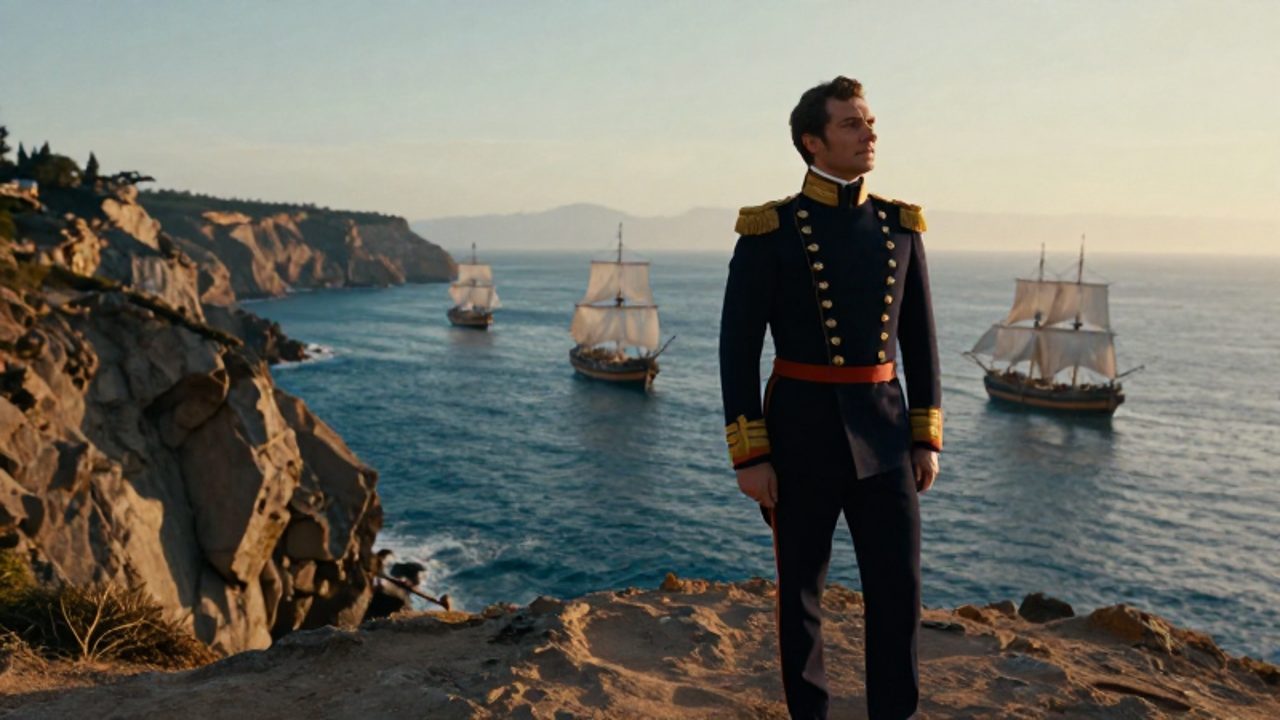 El general José de San Martín observa el horizonte desde un acantilado frente a la flota de barcos de la expedición libertadora en la costa peruana.