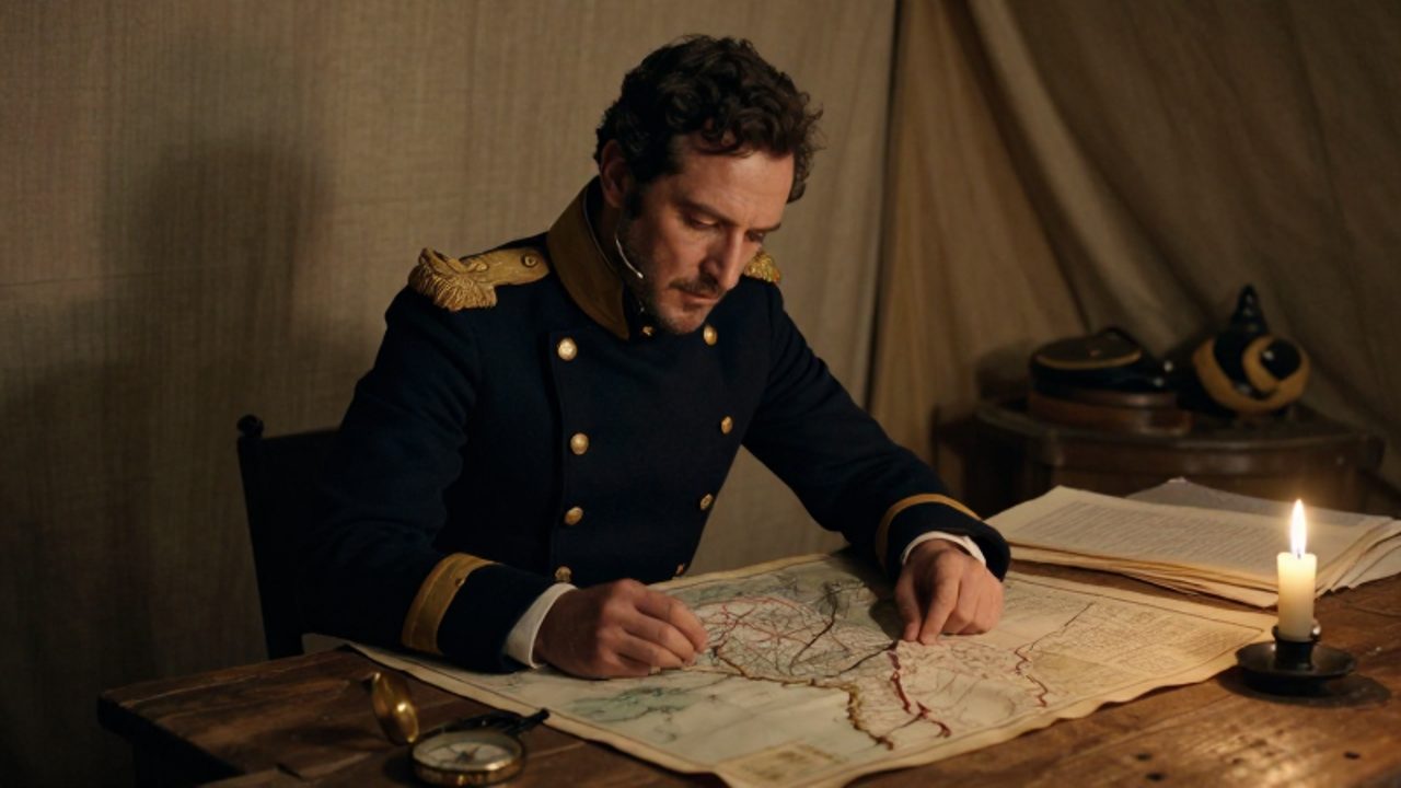 El general José de San Martín analiza mapas topográficos de la cordillera de los Andes sobre una mesa de madera dentro de su tienda militar.