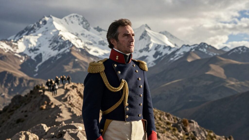 El general José de San Martín observa con determinación el horizonte desde una cresta de los Andes, con una columna de soldados y animales moviéndose en el valle al fondo.