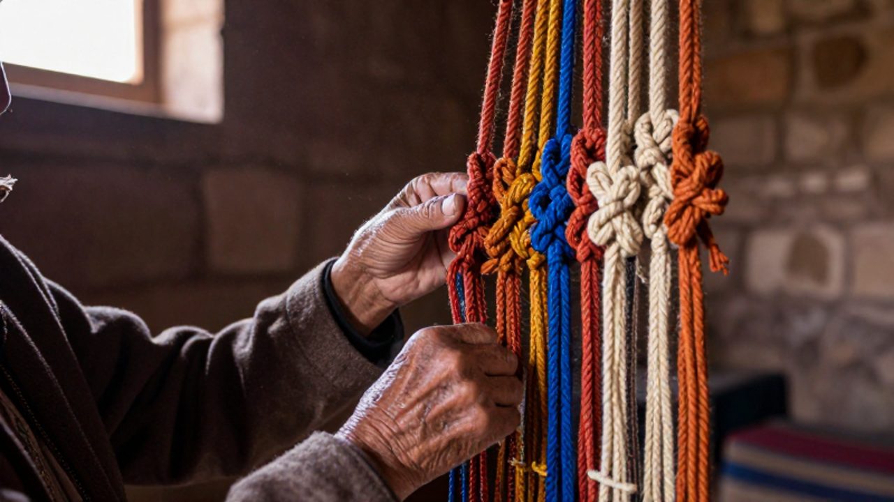 Manos de un quipucamayoc inspeccionando detalladamente los nudos y los hilos de colores de un quipu en un entorno administrativo inca.