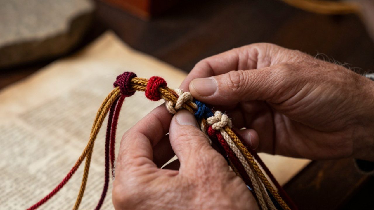 Un investigador examina de cerca los nudos de colores y la textura de las fibras de un quipu inca antiguo.