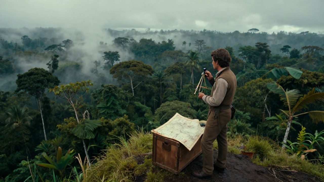 Un explorador del siglo XIX consulta un mapa desplegado sobre una caja frente a la inmensa y densa selva amazónica.