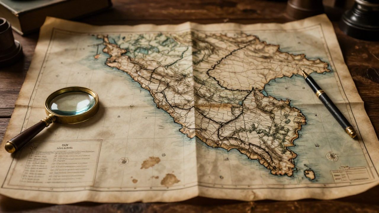 Mapa cartográfico antiguo del Perú sobre una mesa de madera acompañado de una lupa y una pluma estilográfica.