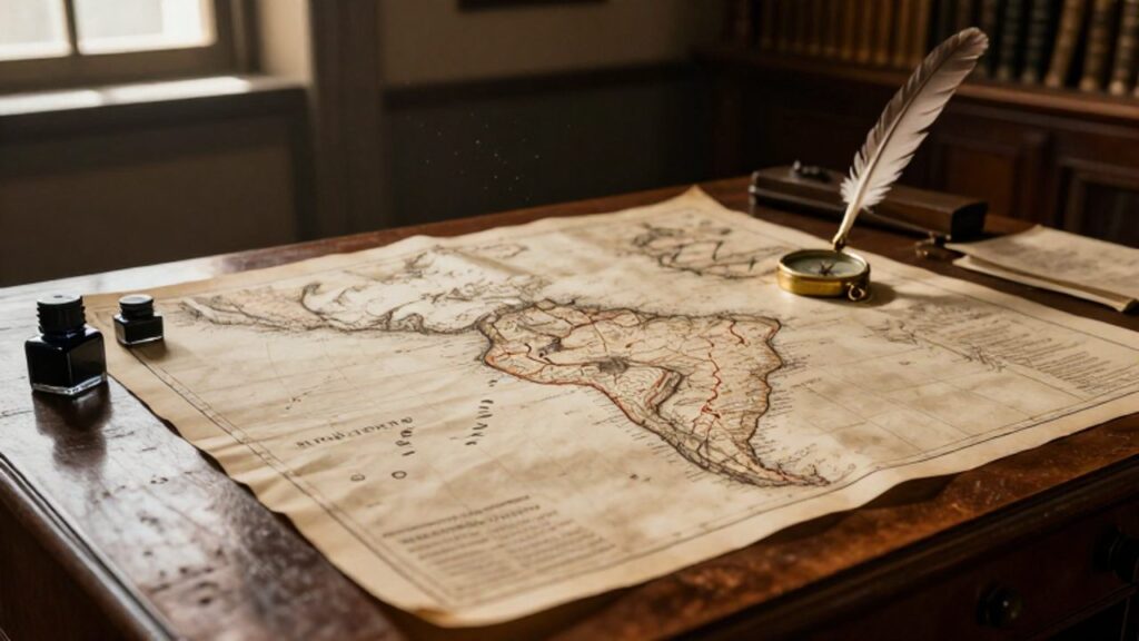 Mapas antiguos de Sudamérica sobre un escritorio de madera con una brújula y una pluma, resaltando los límites territoriales de Perú.