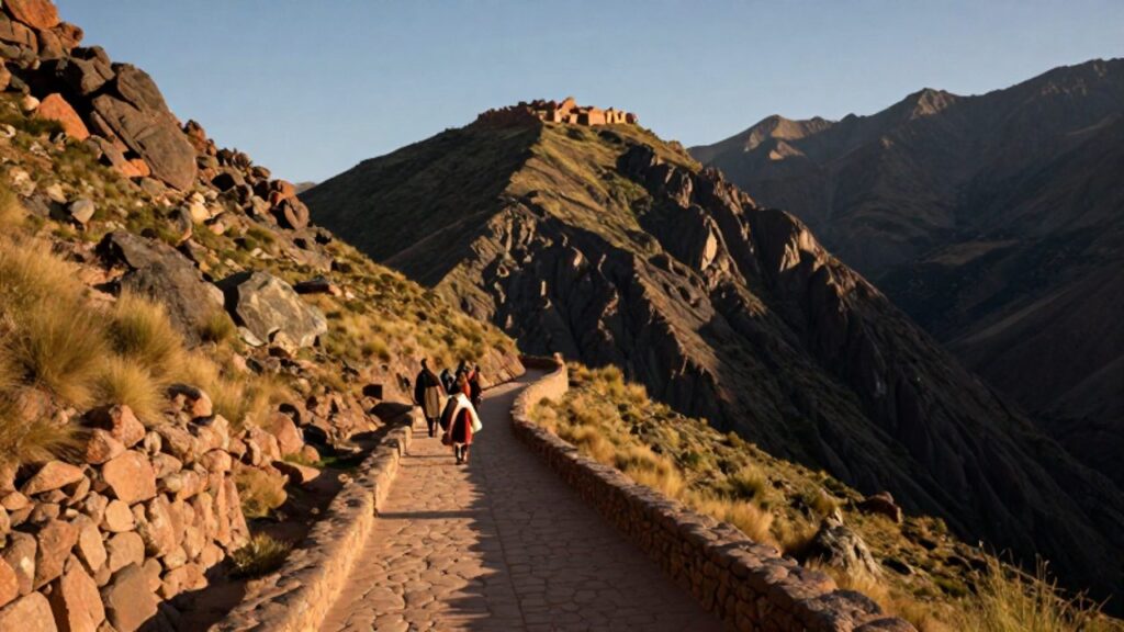 Un camino de piedra de la cultura Wari recorre las montañas de los Andes, con mensajeros transportando textiles y cerámica hacia un asentamiento en la cima.