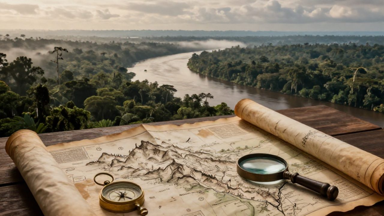 Mapa topográfico antiguo con una brújula y una lupa sobre una mesa, con un paisaje de selva amazónica y montañas al fondo.