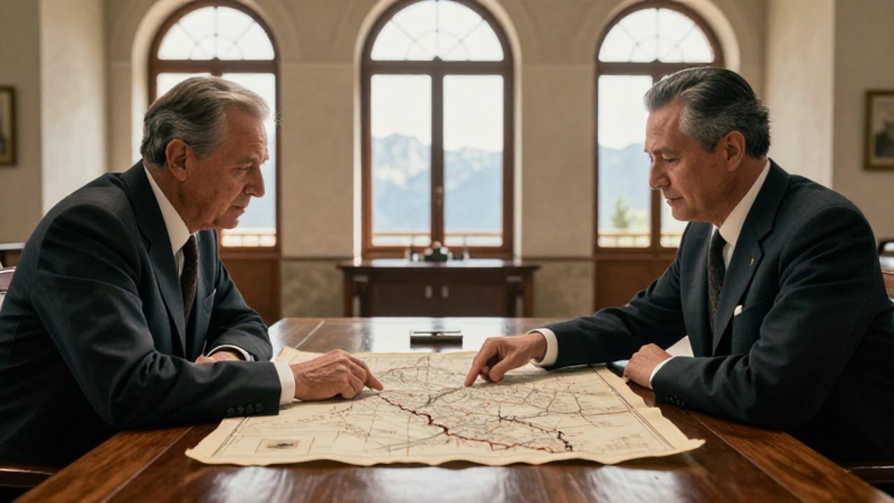 Dos diplomáticos de mediados del siglo XX analizan un mapa antiguo sobre una mesa de madera para negociar los límites fronterizos en una zona montañosa.