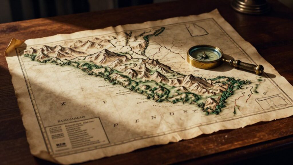 Mapa de pergamino antiguo sobre un escritorio de madera que muestra las fronteras coloniales difusas entre Perú y la Real Audiencia de Quito con una brújula y una lupa sobre una zona montañosa.