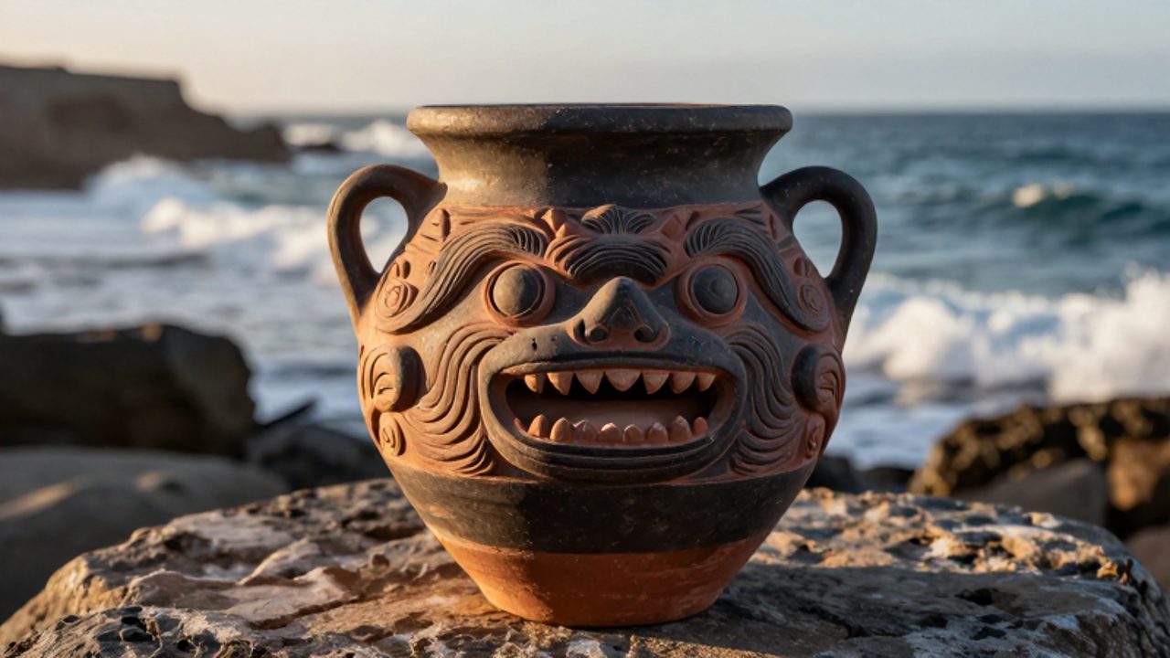 Cerámica Cupisnique con relieves de deidades marinas sobre una piedra en la costa de Perú con olas rompiendo al fondo.