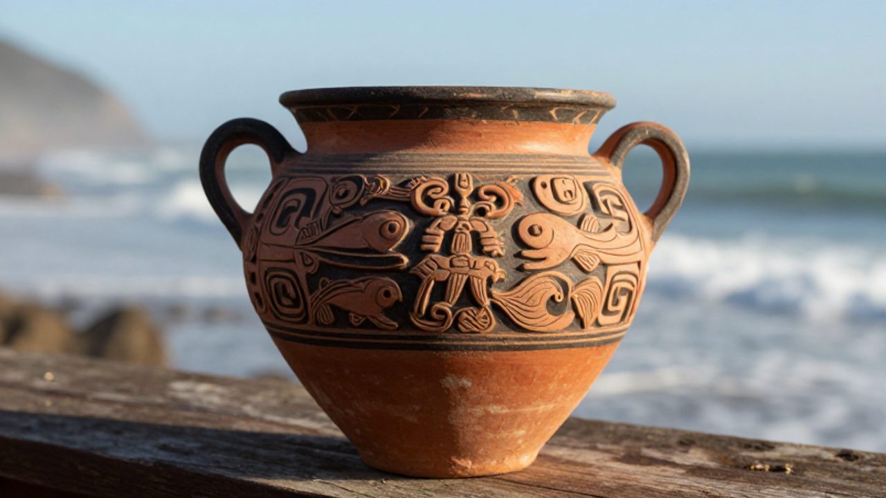 Vaso cerámico Cupisnique con relieves de criaturas marinas sobre una mesa de madera frente a un paisaje costero peruano.