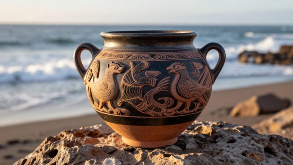 Cerámica Cupisnique con relieves de deidades marinas sobre una roca en la costa del Pacífico peruano.