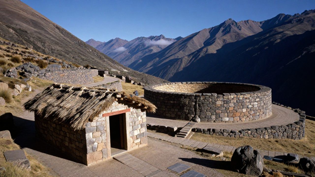 Estructura de piedra de un tambo con techo de paja junto a una colca circular de almacenamiento en un paisaje de alta montaña andina.
