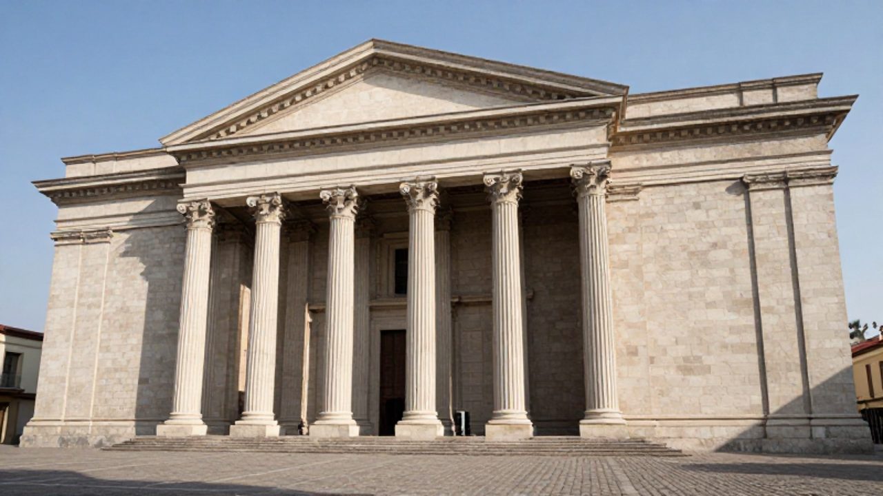 Fachada de una iglesia neoclásica con columnas dóricas y frontón triangular, resaltando su simetría y sobriedad arquitectónica frente a una plaza de piedra.