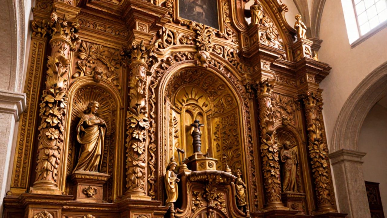 Retablo de madera tallada con motivos de flora indígena y figuras celestiales cubierto de pan de oro en una iglesia colonial.