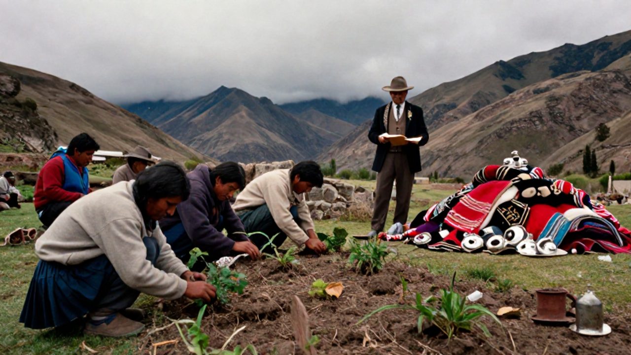 Trabajadores indígenas agotados cultivan tierras en un valle andino bajo la supervisión de un corregidor español que señala mercancías europeas importadas.