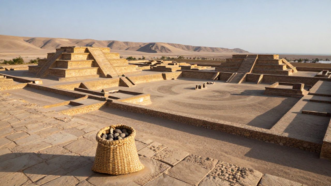 Pirámides escalonadas y plazas circulares de la ciudad de Caral situadas en el valle de Supe, con un detalle de una bolsa de fibras vegetales y piedras usada para la tecnología sísmica.