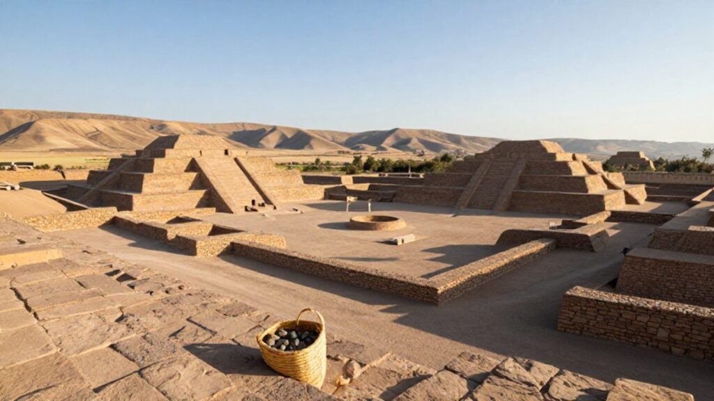 Pirámides de piedra y plazas circulares hundidas del sitio arqueológico de Caral bajo un cielo despejado en el valle de Supe.