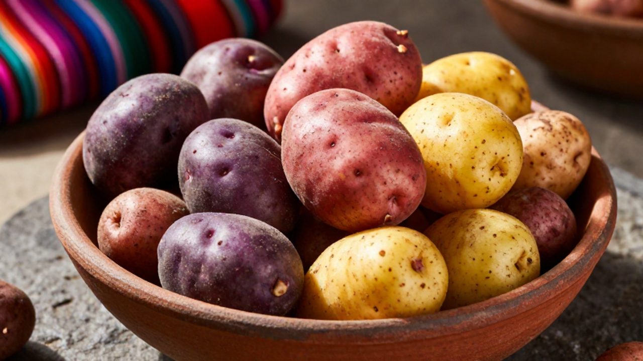 Cuenco de cerámica con una variedad de papas nativas peruanas de distintos colores, formas y texturas sobre una superficie de piedra.