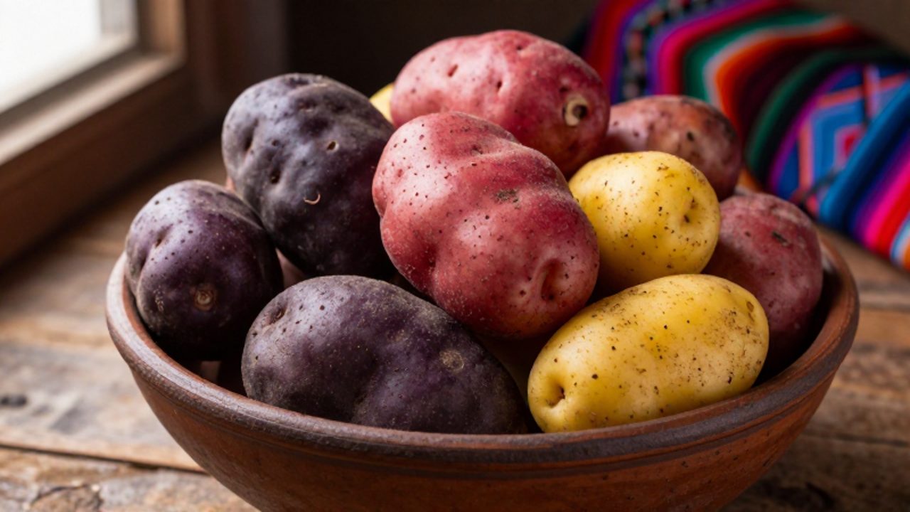 Variedad de papas nativas peruanas de diversos colores y texturas dispuestas en un cuenco de cerámica sobre una mesa de madera.