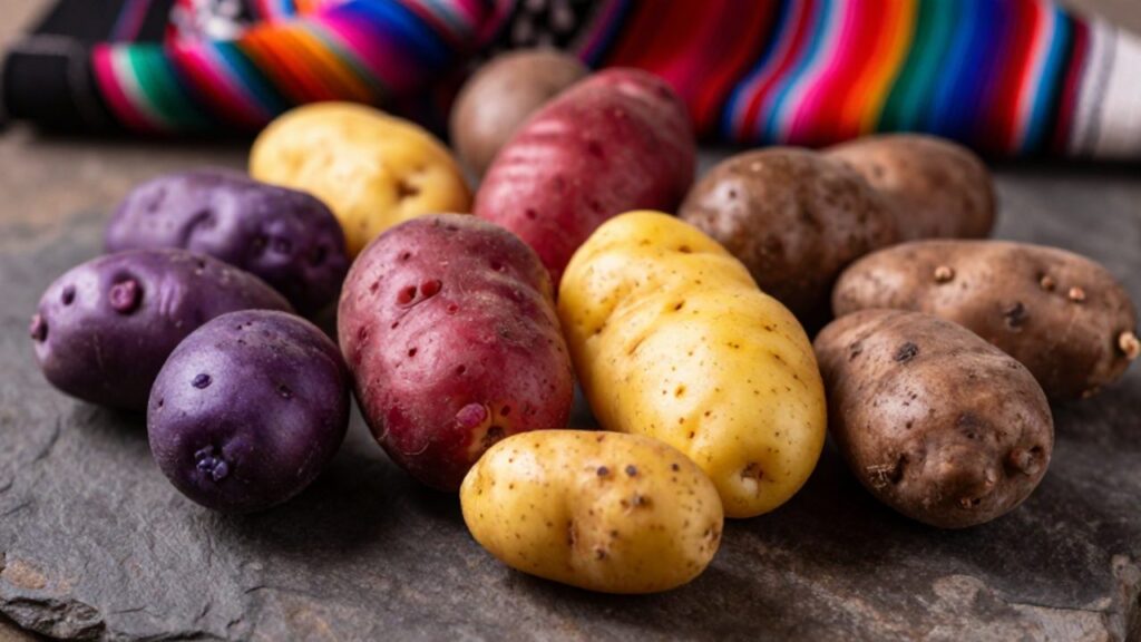 Variedad de papas nativas peruanas de diferentes colores y texturas dispuestas sobre una superficie de piedra con un textil andino desenfocado al fondo.