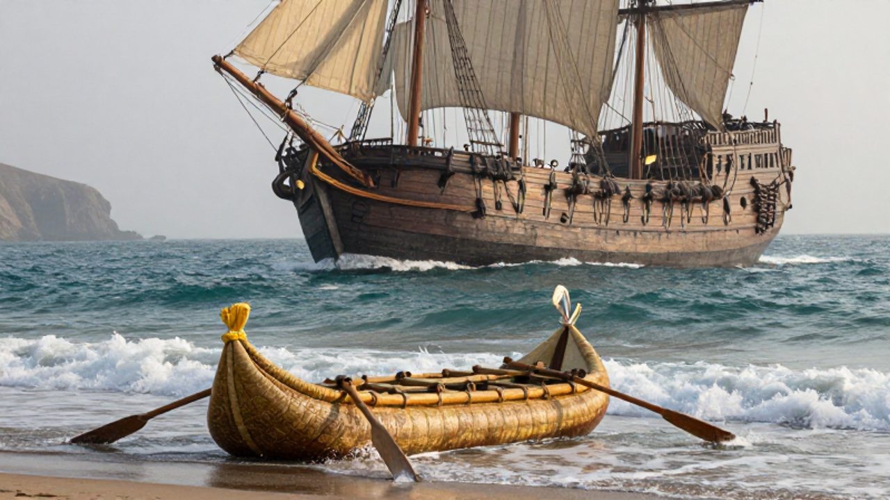 Balsa de totora precolombina navegando frente a un gran galeón español que aparece en el horizonte de la costa peruana.