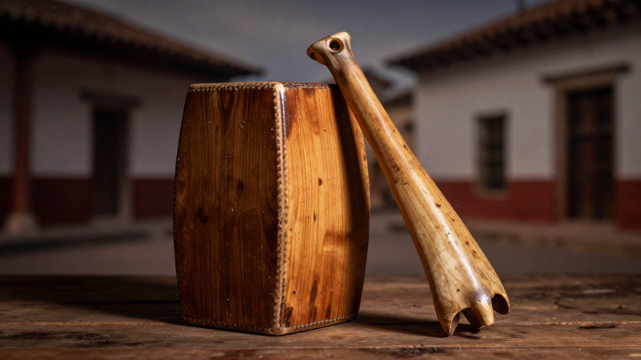 Un cajón peruano de madera y una quijada de burro descansan sobre una superficie rústica en un ambiente cálido y tenue.