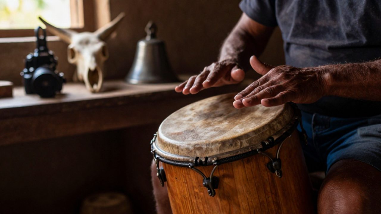 Unas manos tocan un cajón de madera en un taller rústico junto a una quijada de burro y una campana metálica.