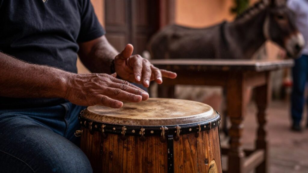 Manos de un músico tocando un cajón de madera durante una interpretación de festejo en un entorno tradicional.