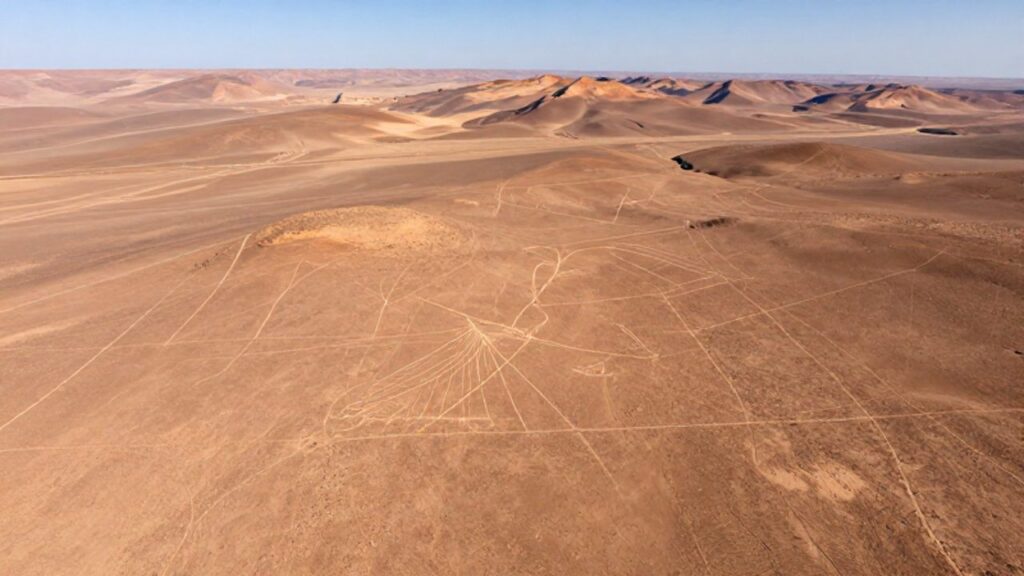 Vista aérea del geoglifo del colibrí trazado en el desierto arcilloso de Nazca, Perú.