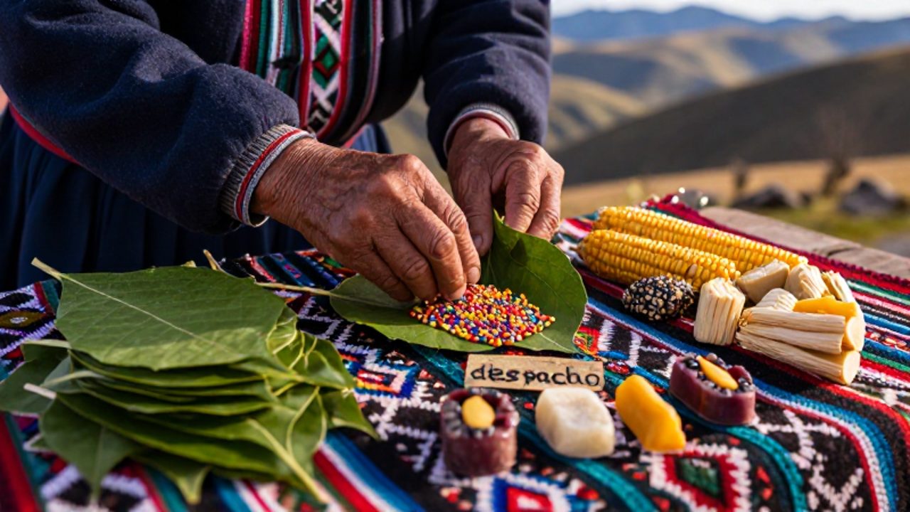 Manos de una persona andina organizan hojas de coca, semillas y dulces sobre un textil con patrones geométricos para realizar una ofrenda ritual.