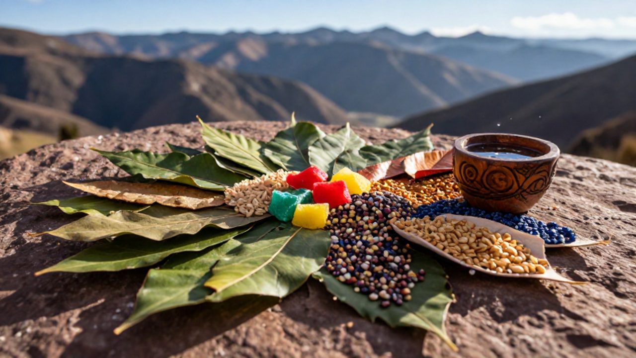 Ofrenda ritual andina compuesta por hojas de coca, semillas y granos de colores dispuestos sobre una piedra en un paisaje de montaña.