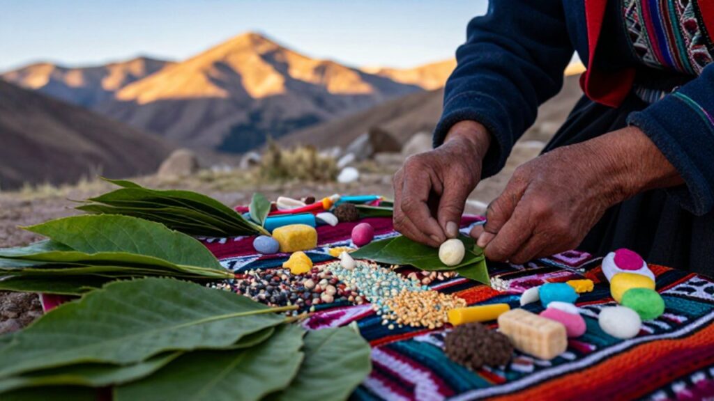 Manos de una persona indígena organizan hojas de coca, semillas y granos de colores en un despacho ritual sobre un tejido en los Andes.