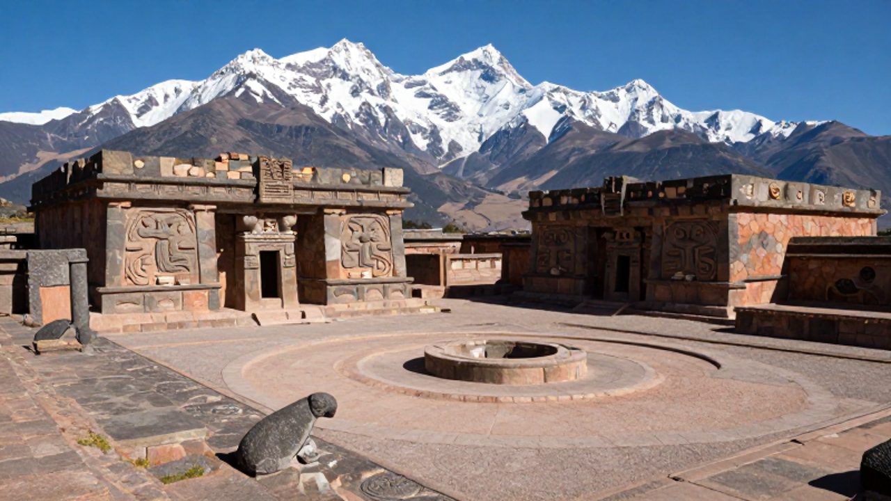 Templos de piedra del complejo arqueológico Chavín de Huántar frente a las montañas nevadas de la Cordillera Blanca en Perú.