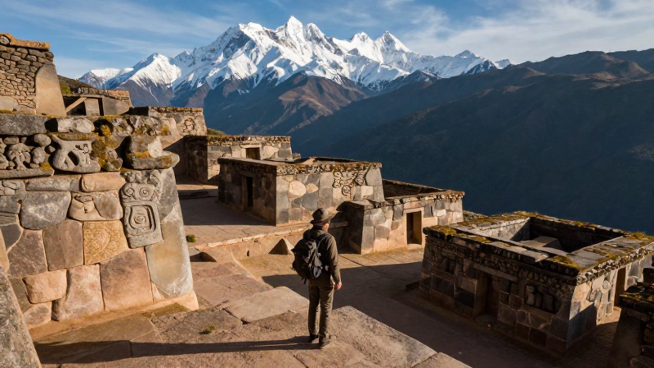 Un viajero con mochila observa las estructuras de piedra de Chavín de Huántar frente a las montañas nevadas de la Cordillera Blanca.