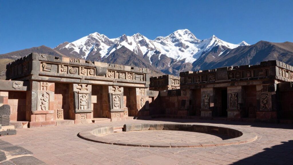 Las ruinas de piedra del complejo arqueológico Chavín de Huántar bajo un cielo despejado y con las montañas nevadas de la Cordillera Blanca al fondo.